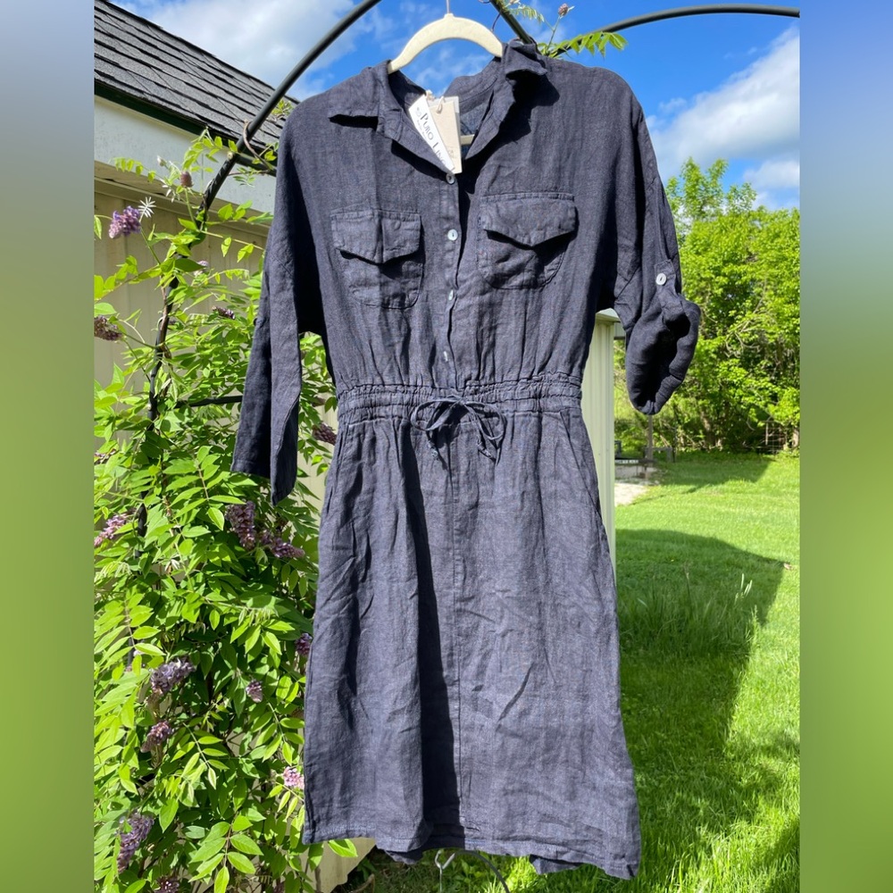 Linen dress size small, button front, drawstring waist. New with tags.